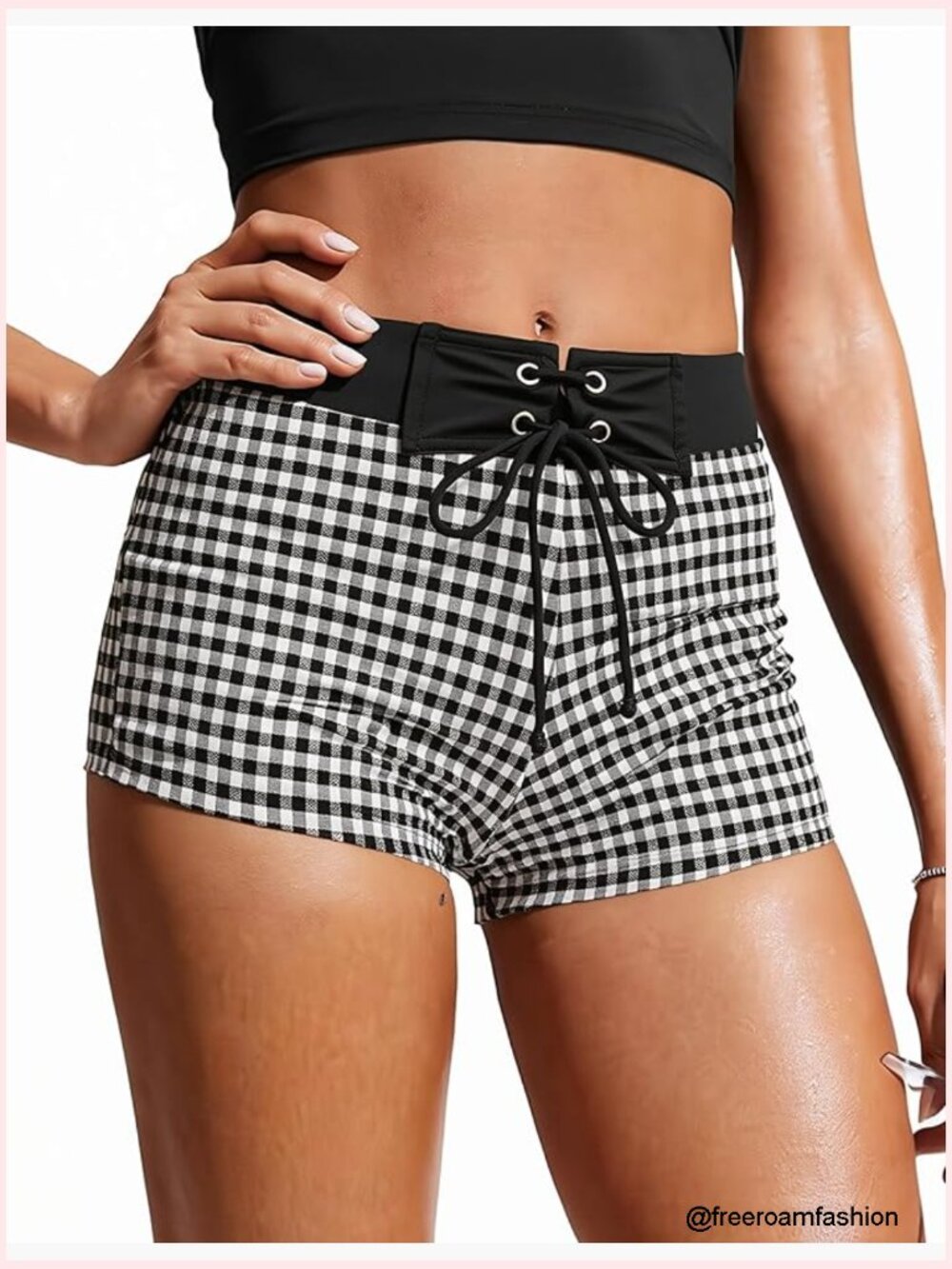 High Waisted Gingham Textured Boy Short Swim Bottom
